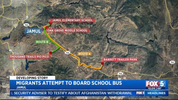 Superintendent Liz Bystedt said in a letter to parents that the group of migrants were walking in the middle of Highway 94 trying to stop one of the buses. 