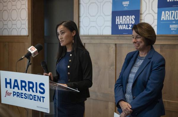 Jenny Poon (left, CO+HOOTS) speaks during an Arizona Small Business for Harris-Walz Coffee and Networking event on October 4, 2024, at Orchard Tavern, 