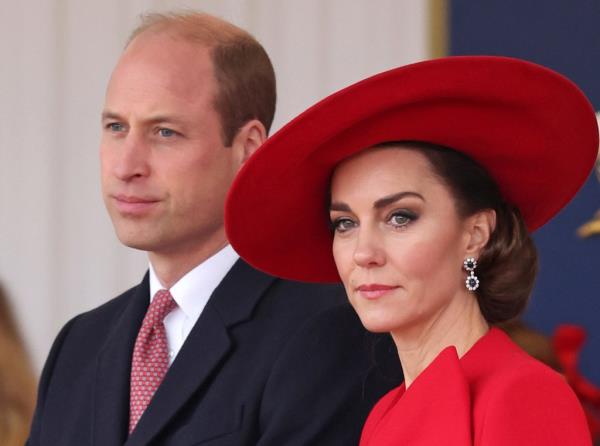 Britain's Prince William, left, and Britain's Kate, Princess of Wales, attend a ceremo<em></em>nial welcome for the President and the First Lady of the Republic of Korea at Horse Guards Parade in London, England on Nov. 21, 2023.
