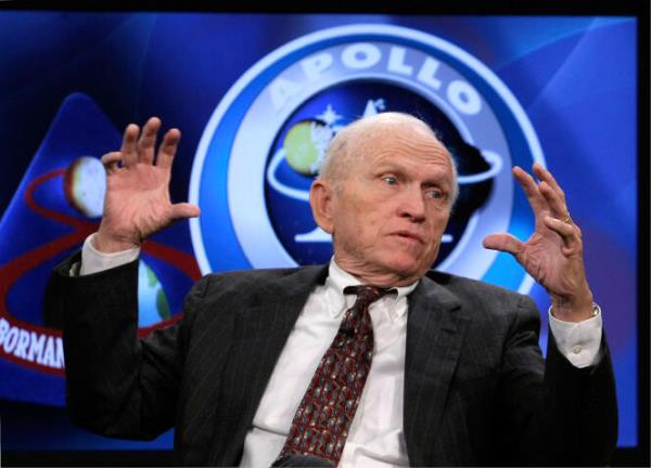 Apollo 8 crew member Frank Borman speaks during a live taping of a NASA TV program at the Newseum in Washington, DC, on November 13, 2008.