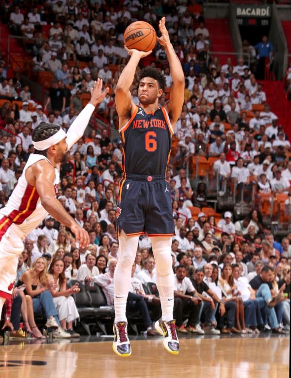 Quentin Grimes #6 of the New York Knicks shoots the ball during Game 6 of the 2023 NBA Playoffs Eastern Co<em></em>nference Semi-Finals against the Miami Heat on May 12, 2023 at Kaseya Center in Miami, Florida. 