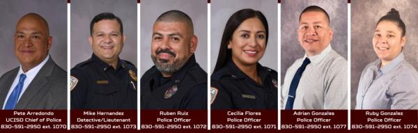 Uvalde police perso<em></em>nnel assigned to the school district in an undated photo. From left; Chief Pete Arredondo, Lt. Mike Hernandez, Ruben Ruiz, Cecilia Flores, Adrian Gonzales, Ruby Gonzalez.
