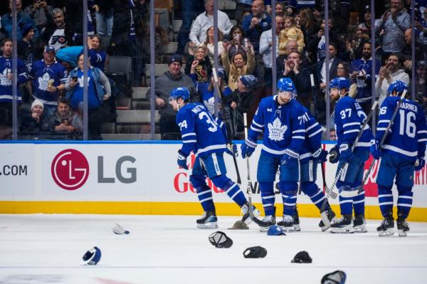 Auston Matthews (34) skates away from teammates after completing the hat trick in the second period against the Philadelphia Flyers on Feb. 15, 2024.