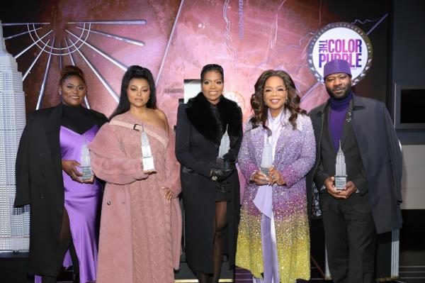 (L-R) Danielle Brooks, Taraji P. Henson, Fantasia Barrino, Oprah Winfrey, and Blitz Bazawule attend as Oprah and the cast of 