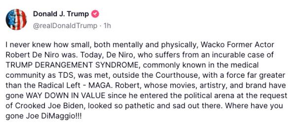 Trump blasted Robert De Niro early Wednesday on Truth Social, calling the actor a “wacko” and mocking his participation in a Biden campaign press co<em></em>nference outside the Manhattan courthouse wher<em></em>e the former president is being tried.