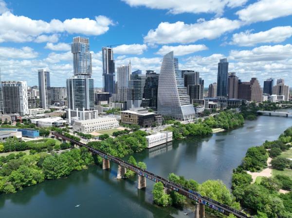 Aerial view of downtown skyline of Austin, Texas, named top U.S. job market for second year, seen on April 11, 2023. Photo by Brandon Bell/Getty Images.