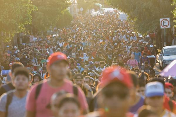 A migrant caravan walking toward the US border in Tapachula, Mexico on Nov. 5, 2024.