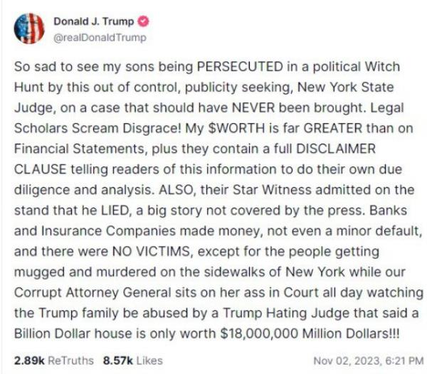 Former President Do<em></em>nald Trump slammed Judge Arthur Engoron for havin<em></em>g his two eldest sons testify in the civil fraud case