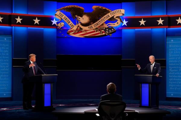 Trump and Biden face each other during the first presidential debate in 2020.