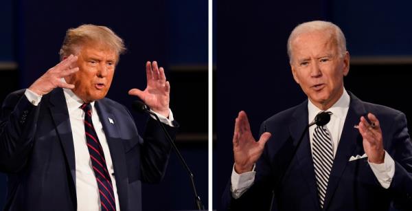 This combination of photos show President Do<em></em>nald Trump, left, and former Vice President Joe Biden during the first presidential debate on Sept. 29, 2020, in Cleveland, Ohio.