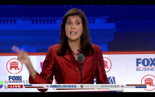 Nikki Haley stands on stage at the GOP debate in California.