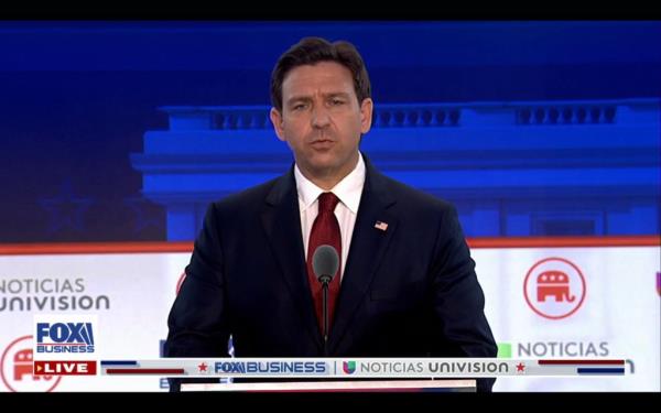 Ron DeSantis stands on stage at the GOP debate in California. 