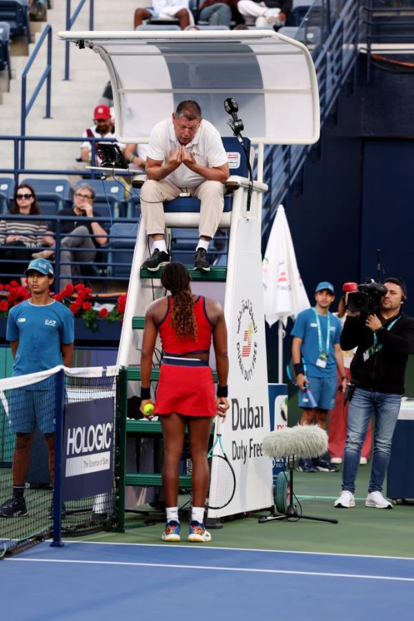 Coco Gauff of the United States challenges the umpire while playing Karolina Pliskova of Czech Republic in their third-round women's singles match during day 4 of the Dubai Duty Free Tennis Championships