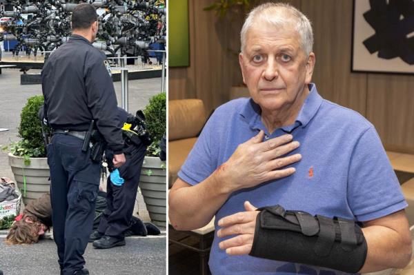 Robert Gula, 76, who's hands and leg was injured when he was attacked and shoved to the ground by a homeless man. 