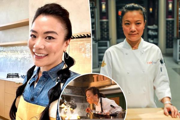 Shirley Chung, in chef's uniform, tasting from a spoon during Top Chef Season 14.