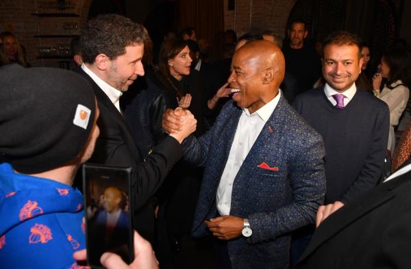Newly elected New York City Mayor Eric Adams arriving at exclusive Zero Bond venue to celebrate election victory, surrounded by notable figures including James Dolan and Forest Whitaker