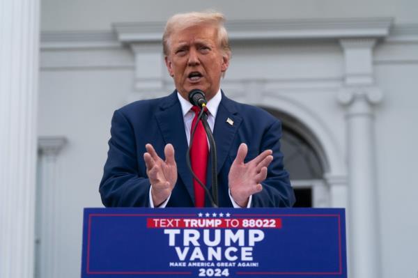 Republican presidential candidate, former U.S. President Do<em></em>nald Trump holds a news co<em></em>nference outside the Trump Natio<em></em>nal Golf Club Bedminster on August 15, 2024 in Bedminster, New Jersey.