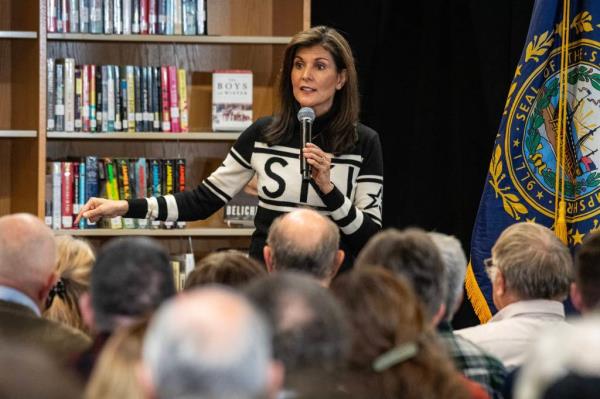 Nikki Haley speaks at a town hall campaign event at Kennett High School in North Conway, New Hampshire.