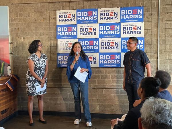 Interior Secretary Deb Haaland stumps for Biden at a coffee shop in Phoenix's mid-century modern Melrose District.