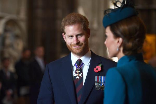 Duchess of Cambridge, Catherine, and Prince Harry, Duke of Sussex, attending ANZAC Day Service at Westminster Abbey, London