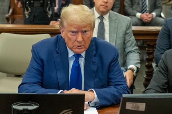 Former President Do<em></em>nald Trump sits in the courtroom during his fraud trial Wednesday, Oct. 25, 2023, in New York. 