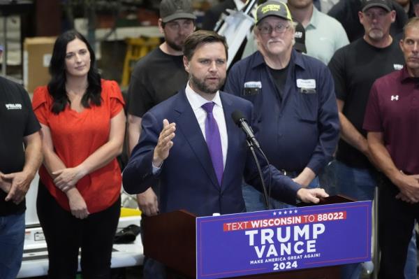 Republican vice presidential nominee Sen. JD Vance, R-Ohio, speaks at a campaign event at Wollard International, Aug. 7, 2024