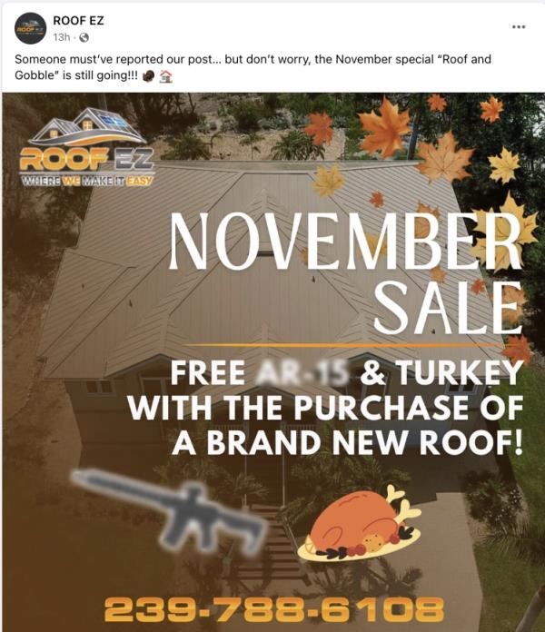 Roofer ad for free AR-15 and frozen turkey