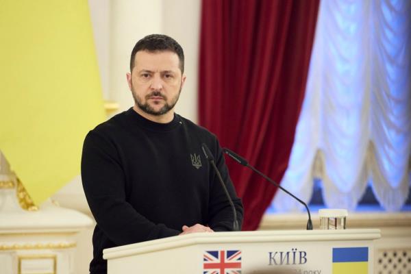 Ukrainian President Volodymyr Zelenskyy attends a joint press co<em></em>nference with European Council President Charles Michel and President of Moldova Maia Sandu in Kyiv, Ukraine.