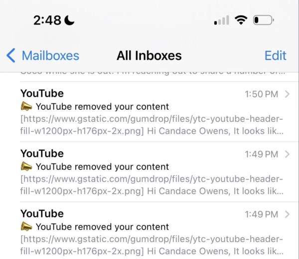 Owens posted a screenshot of emails she received from YouTube informing her of the suspension.