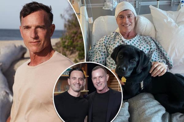 Photo of man in a hospital bed with a dog.