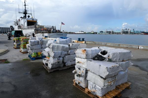 The drugs stacked up on pallets near the pier. 