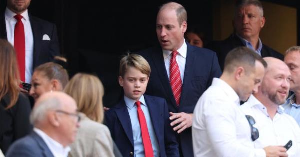 Patron of the Welsh Rugby Unio<em></em>n Britain's Prince William, Prince of Wales (CR) guides his son Prince George (CL) during the France 2023 Rugby World Cup quarter-final match between Wales and Argentina at the Stade Velodrome in Marseille, south-eastern France, on October 14, 2023. (Photo by Pascal GUYOT / AFP) (Photo by PASCAL GUYOT/AFP via Getty Images)