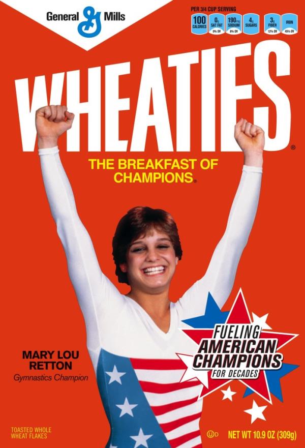 Mary Lou Retton on a Wheaties box. 