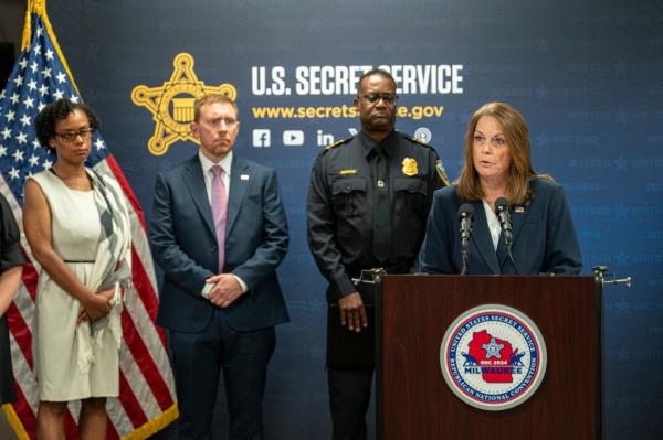 US Secret Service Director Kimberly Cheatle speaks during a RNC security news co<em></em>nference on Friday in Milwaukee.