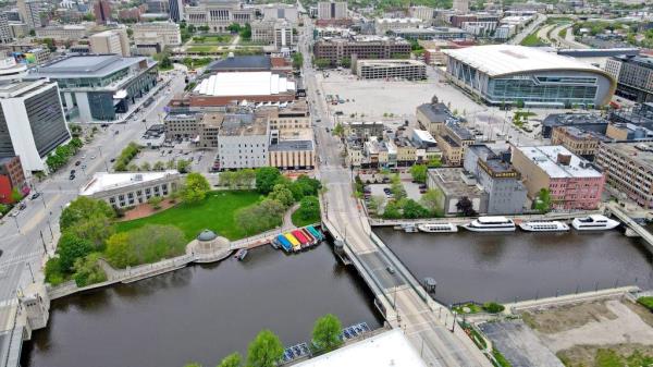 The Republican Natio<em></em>nal Co<em></em>nvention will be held at the Fiserv Forum, upper left, the UW-Milwaukee Panther Arena, upper center, and the Baird Center, upper left. 