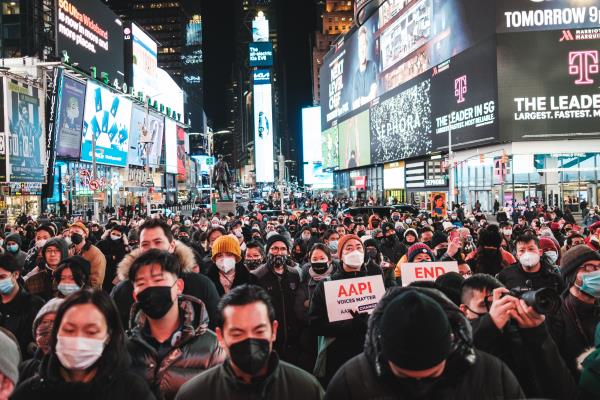 Protestors marching in times square
