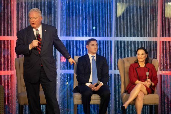 Mike Gibbons speaking at the FreedomWorks Forum for Ohio's Republican Senate Candidates on March 18, 2022 in Columbus, Ohio with other candidates' presence including Matt Dolan, Josh Mandel, Jane Timken and JD Vance.