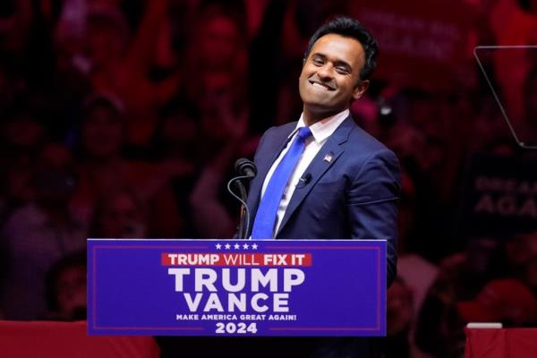 Vivek Ramaswamy speaking at a 2024 campaign rally for former President Do<em></em>nald Trump at Madison Square Garden in New York
