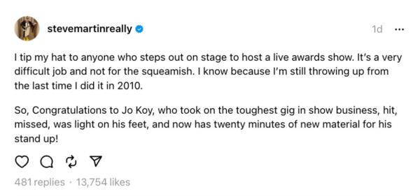 Hollywood legend Steve Martin defended Joy Koy on Tuesday after the stand-up comic's lukewarm performance during Sunday's Golden Globe ceremony. 