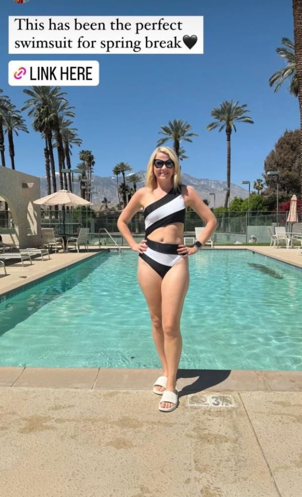 Elizabeth Smart, kidnapping survivor, enjoying a sunny vacation in Palm Springs, California, wearing a black bikini and posing in front of a pool