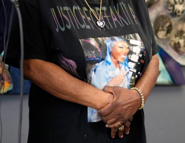 Nadine Young, mother of Ta'Kiya Young, wears a t-shirt memorializing her granddaughter during a press co<em></em>nference at the office of attorney Sean Walton following the indictment of Blendon Twp. officer Co<em></em>nnor Grubb.  