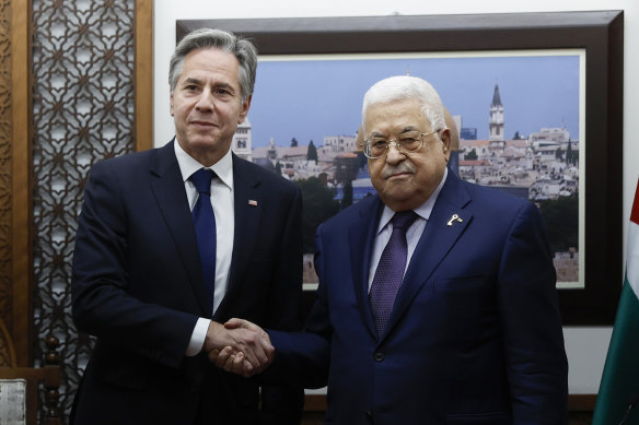 US Secretary of State Antony Bl<em></em>inken meets Palestinian President Mahmoud Abbas.