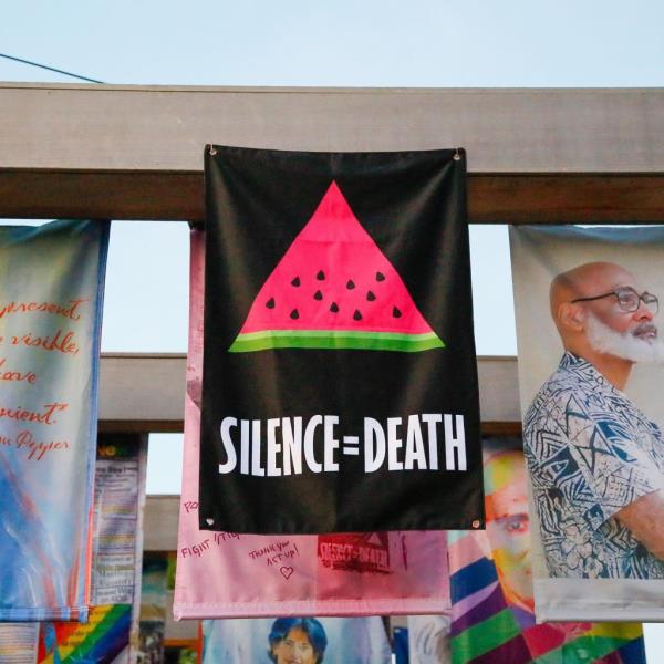 Members of ACT UP NY raising two flags at Fire Island's Trailblazers Park, one ho<em></em>noring Cecilia Gentili and another for Queer Palestinians.