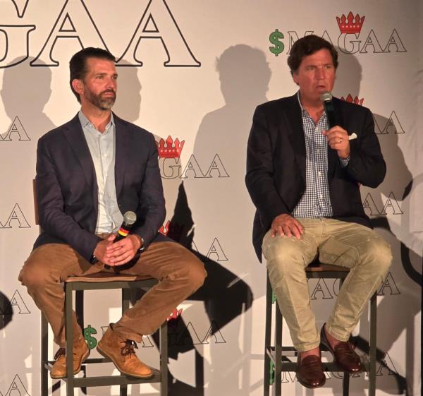 Do<em></em>nald Trump Jr. and Tucker Carlson have a vip reception as they kickoff Bitcoin 2024 co<em></em>nvention in Nashville. 