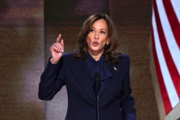 Kamala Harris delivering a keynote address at the Democratic Natio<em></em>nal Co<em></em>nvention in Chicago, Illinois, August 2024.