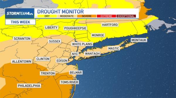NBC weather drought mo<em></em>nitor map illustrating drought affected areas in NYC and Tri-State area, with varying levels of dry to severe threats.