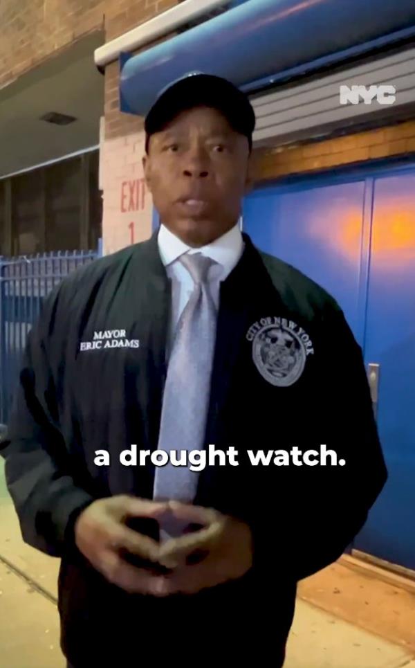 Eric Adams, in a black NYC jacket, issuing a drought watch in NYC due to the second-lo<em></em>ngest recorded rainless streak in October, seen in social media screenshot.