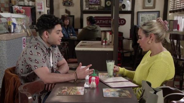 Addi and Courtney talking in Roy's rolls in Coro<em></em>nation Street