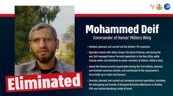 The Israeli military said Thursday that it has co<em></em>nfirmed that the head of Hamas’ military wing, Mohammed Deif, was killed in an airstrike in Gaza in July.