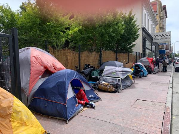 A homeless area on the street in the Tenderloin District of San Francisco, California on Thursday, August 17, 2023. The Mayors office has faced a lot of criticism related to crime and homeless issues in the city. Many retailers are citing homeless problems and other challenges of operating in Downtown San Francisco and co<em></em>ntemplating whether to remain open.